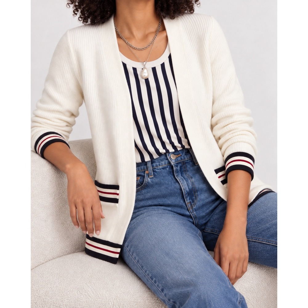 Thom Browne White Cotton Open Front Tricolor Stripe Cardigan FJT265A Size 38 NWT